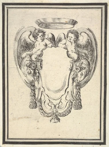 Plate 12: a cartouche flanked by two winged infant satyrs riding on the heads of two rams, from 'Nouvelles inventions de Cartouches'