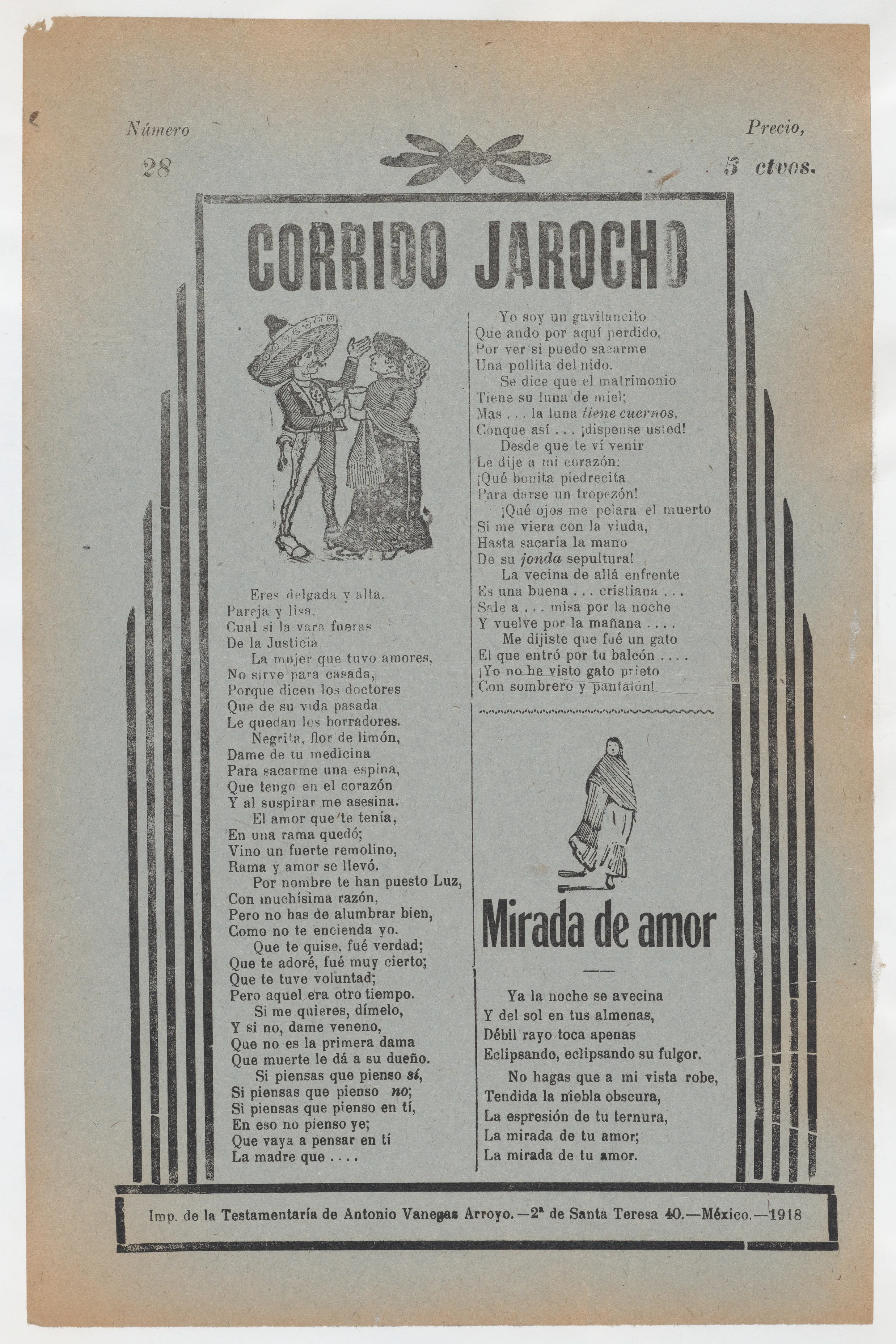 Broadside with two love ballads (corridos), figures dancing upper left and a woman wearing a shawl and skirt lower right — Antonio Vanegas Arroyo|José Guadalupe Posada