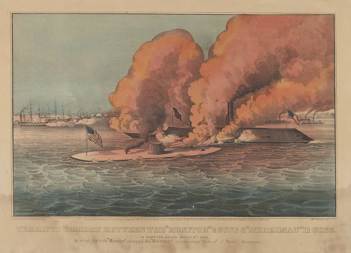 Terrific Combat Between the "Monitor" 2 Guns & "Merrimac" 11 Guns – In Hampton Roads March 9th, 1862 – In which the little "Monitor" whipped the "Merrimac" and the whole "School" of Rebel Steamers — Currier & Ives