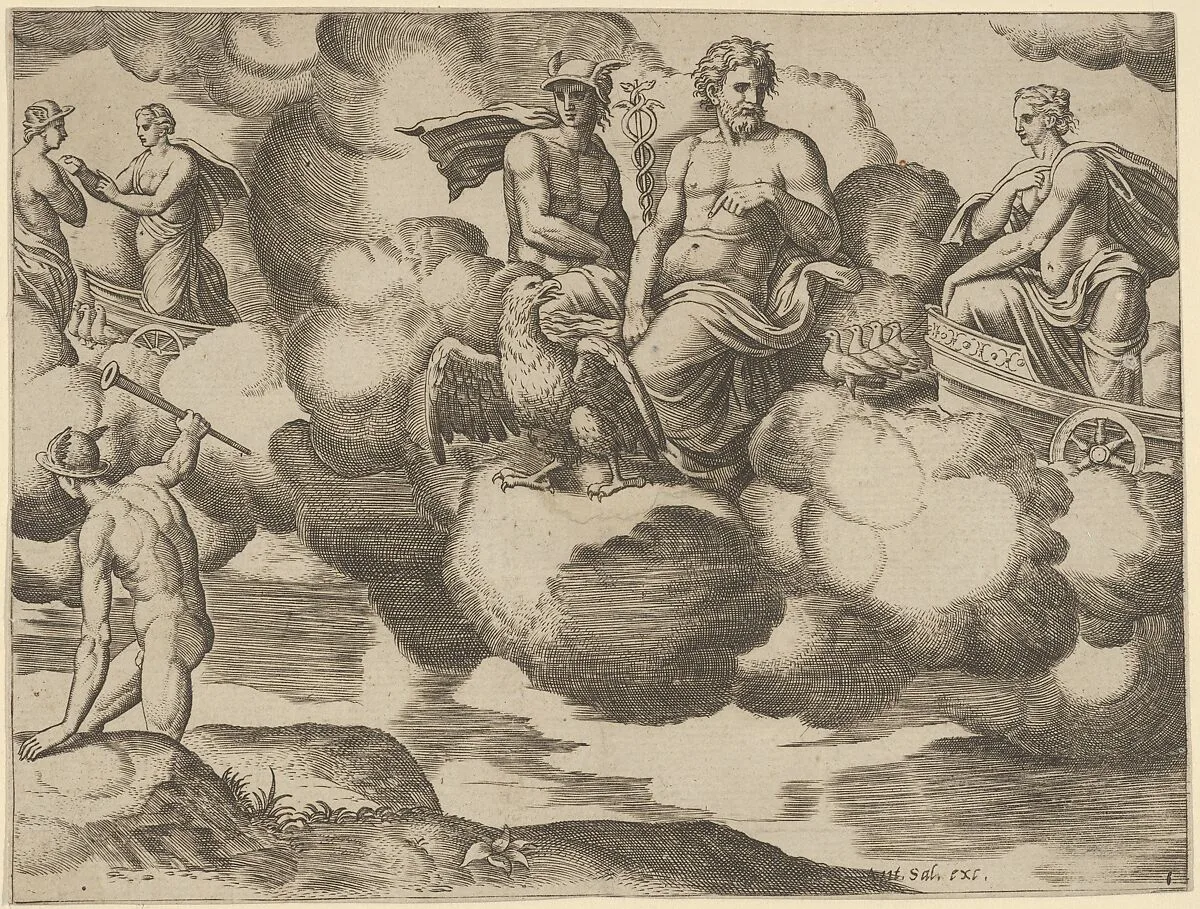 Venus in her dove-drawn chariot complaining to Jupiter who is accompanied by Mercury, from 'The Fable of Psyche' — Master of the Die|Michiel Coxie (I)|Antonio Salamanca