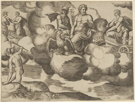Venus in her dove-drawn chariot complaining to Jupiter who is accompanied by Mercury, from 'The Fable of Psyche'