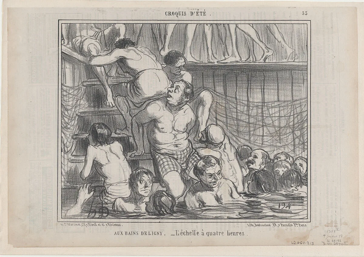 Aux Bains Deligny, from Croquis Été, published in Le Charivari, July 9, 1858 — Aaron Martinet|Honoré Daumier|Destouches