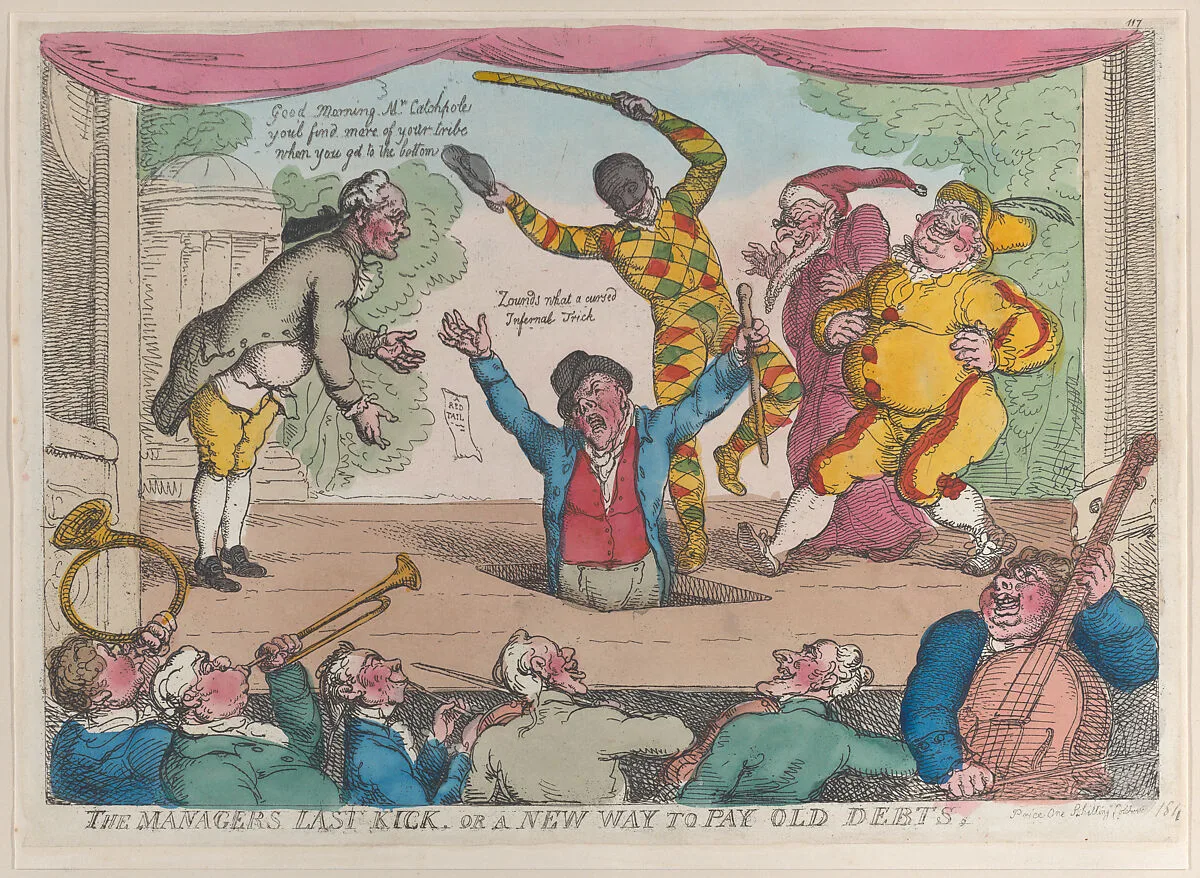 The Manager's Last Kick, or a New Way to Pay Old Debts — Thomas Tegg|Thomas Rowlandson