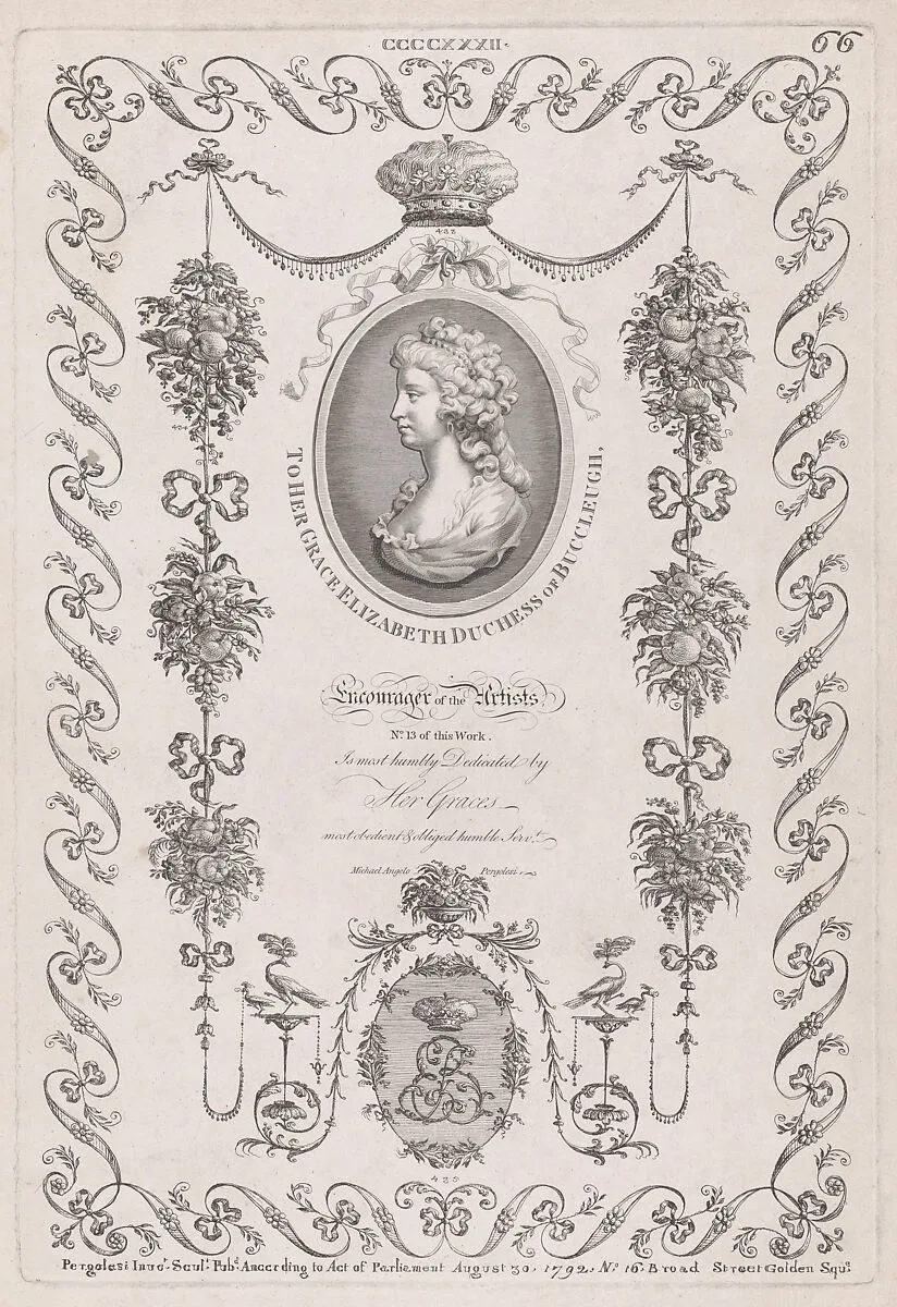 Portrait of the Duchess of Buccleugh and Ornament, nos. CCCCXXXII, 433, 435, plate 66 from "Designs for Various Ornaments" — Michelangelo Pergolesi|Elizabeth Scott, Duchess of Buccleugh