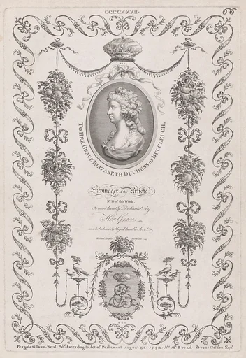 Portrait of the Duchess of Buccleugh and Ornament, nos. CCCCXXXII, 433, 435, plate 66 from "Designs for Various Ornaments"