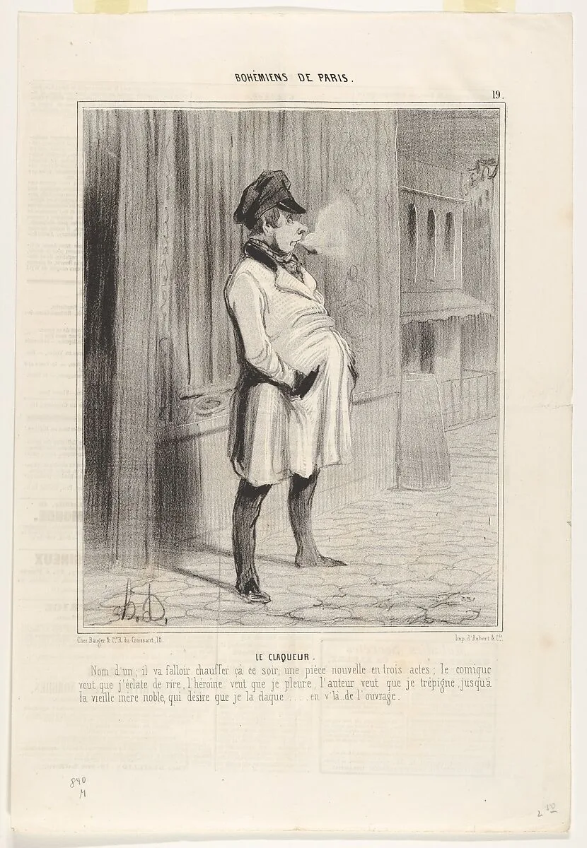 The Hired Clapper, plate 19 from "Artists and Bonvivants of Paris," published in Le Charivari — Aubert et Cie|Honoré Daumier