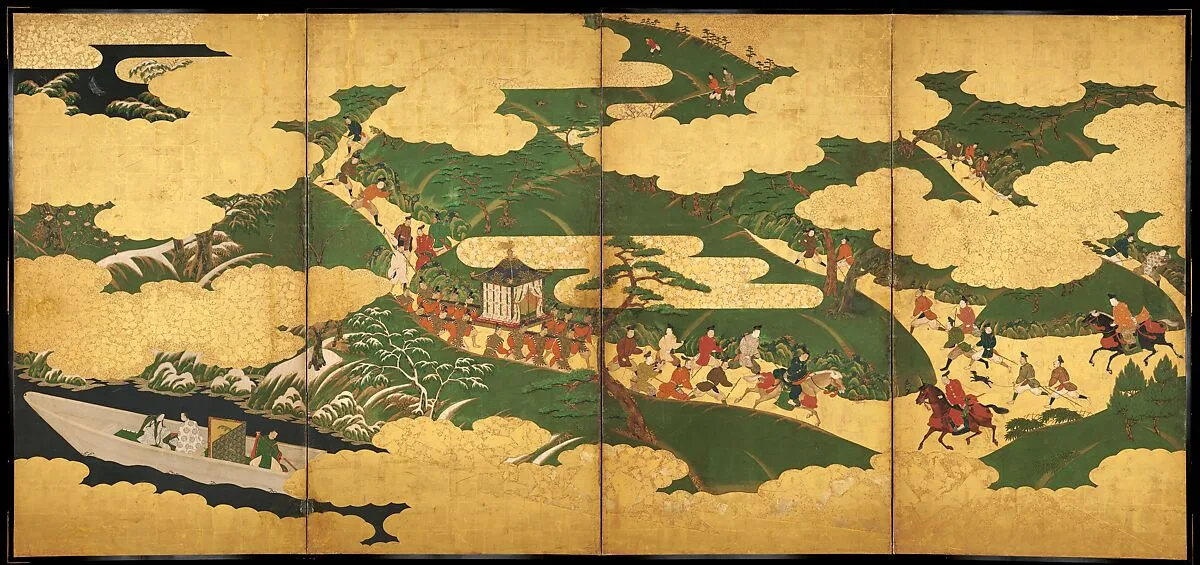 源氏物語図屏風「御幸」・「浮船」・「関谷」|“An Imperial Excursion” (Miyuki), “A Boat Cast Adrift” (Ukifune), and “The Barrier Gate” (Sekiya) — Tosa Mitsuyoshi