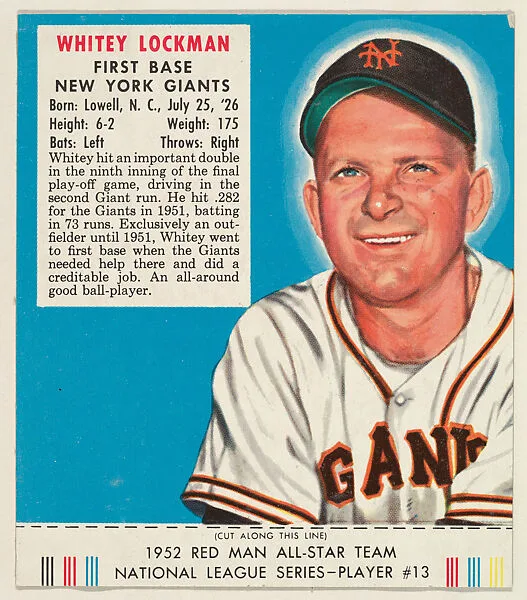 Whitey Lockman, from the Red Man All-Star Team series (T232), issued by Red Man Chewing Tobacco — Red Man Chewing Tobacco