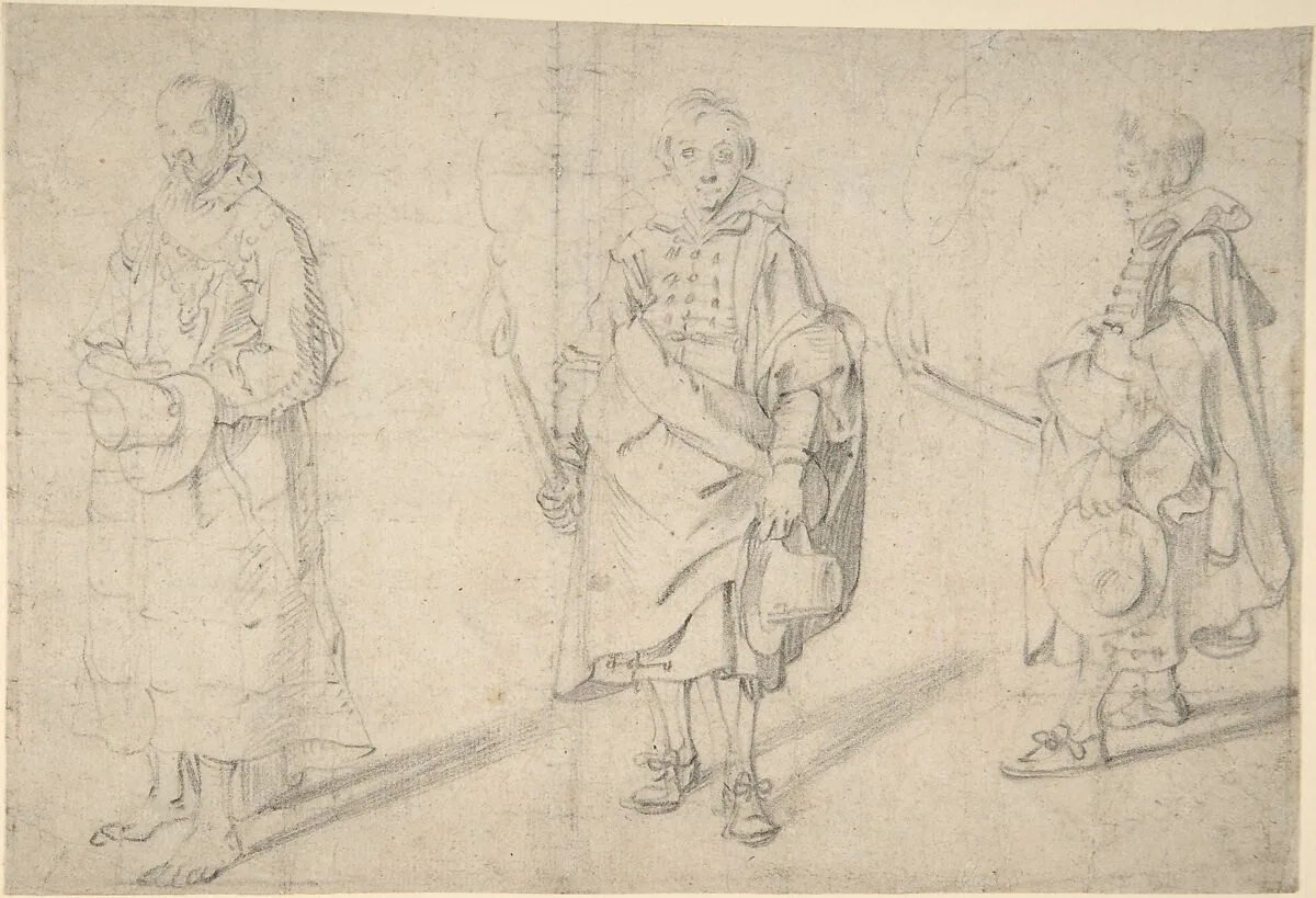 Study of Figures: an Old Man Holding a Hat and Facing Forwards, and a Young Man Holding a Torch and a Hat, seen from both the Front and Left Sides; Verso: Study of a Head — Antoine Sallaert