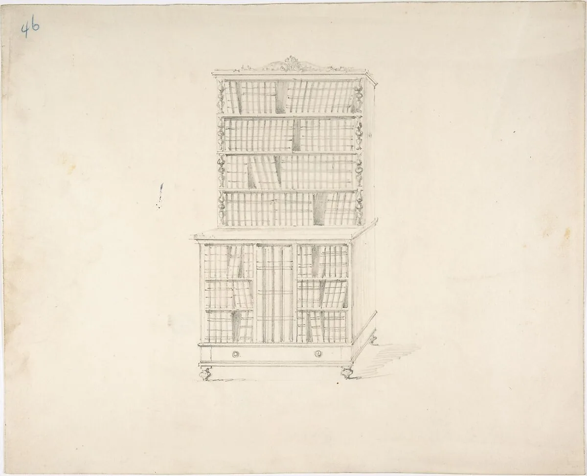 Design for a Two Tiered Book Cabinet with Turned Feet and Ornament (Verso: sketch) — Anonymous, British, 19th century