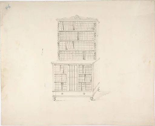 Design for a Two Tiered Book Cabinet with Turned Feet and Ornament (Verso: sketch)