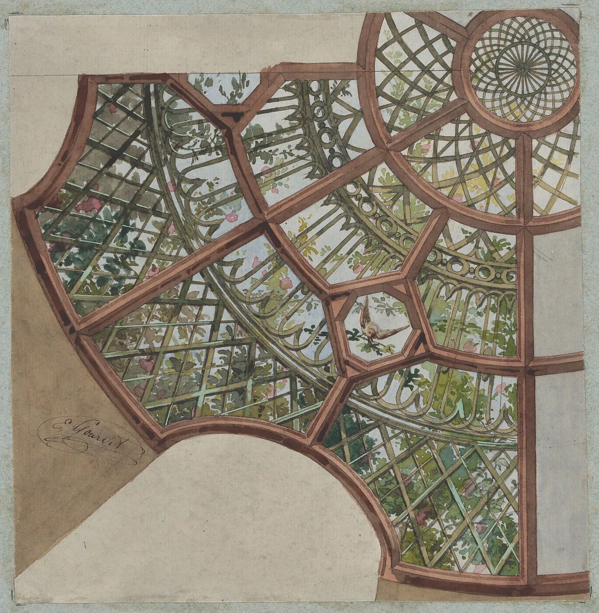 Design for a ceiling with lattice work and flowering vines — Jules-Edmond-Charles Lachaise|Eugène-Pierre Gourdet