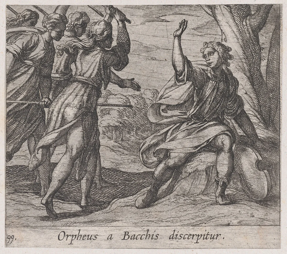 Plate 99: The Death of Orpheus (Orpheus a Bacchis discerpitur), from Ovid's 'Metamorphoses' — Antonio Tempesta