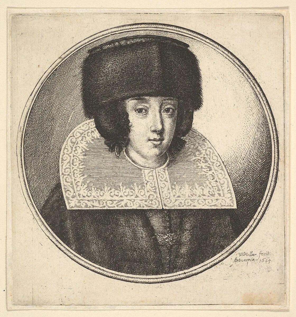 Woman with stiff lace collar and flat-crowned fur hat — Wenceslaus Hollar