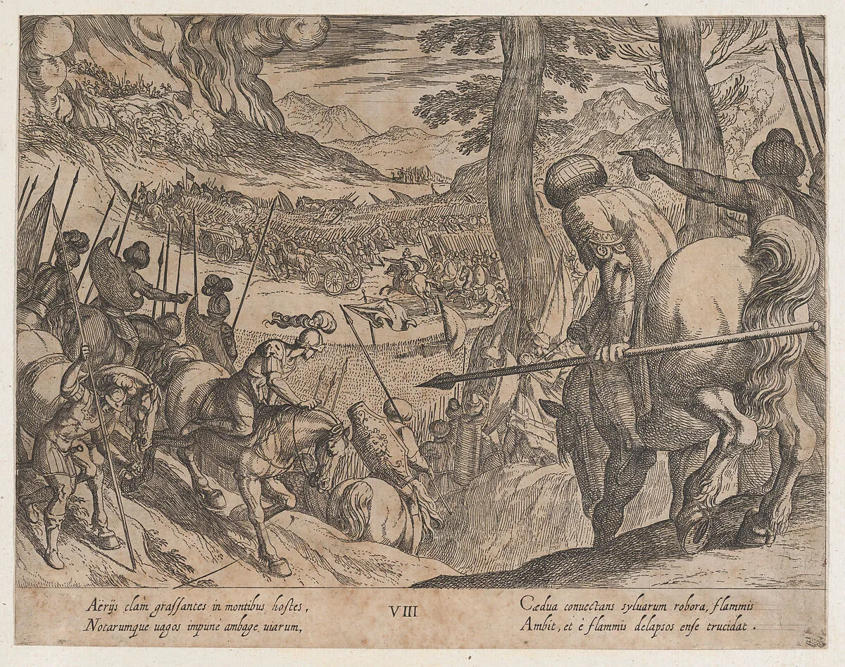 Plate 8: Alexander Encircling the Enemy Troops with Fire, from The Deeds of Alexander the Great — Antonio Tempesta|Johannes Baptista Vrints