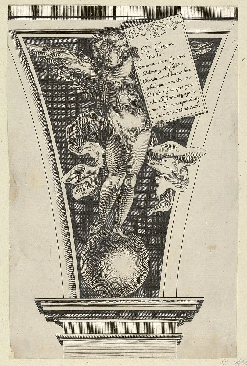 Winged putto holding a dedicatory plaque standing on an orb in an architectural detail — Cherubino Alberti (Zaccaria Mattia)|Alexander Mair