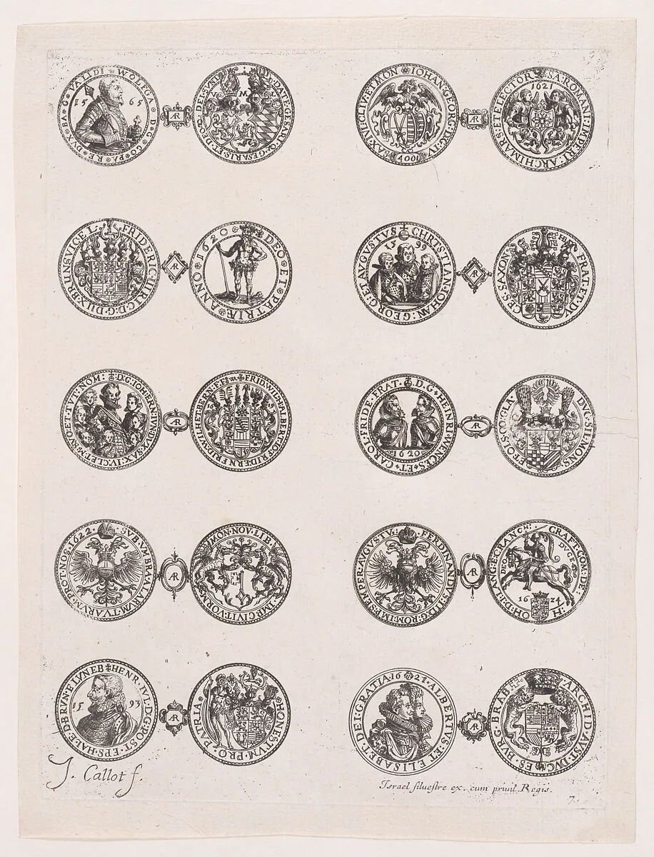 7th Plate, Featuring 10 Coins Issued by European Princes in the 16th and 17th centuries, from Les Monnaies (The Currencies) — Jacques Callot|Israel Silvestre