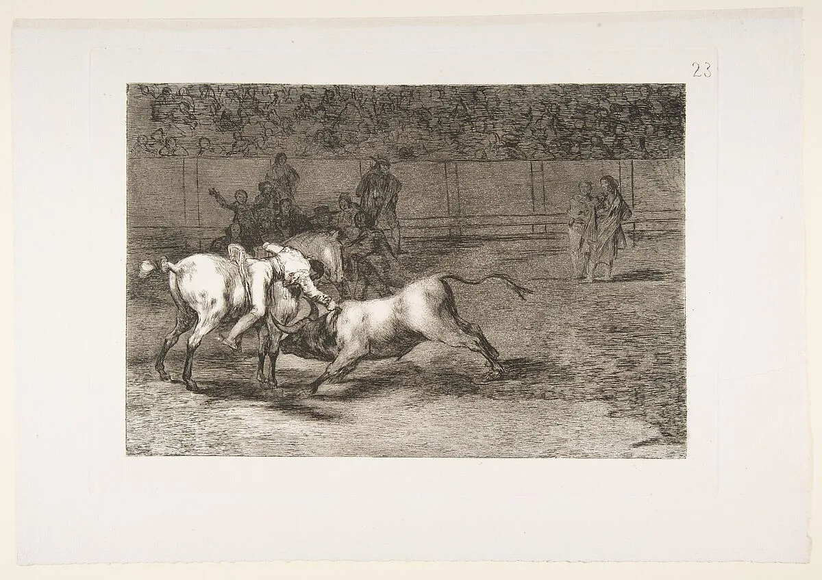 Plate 23 from "La Tauromaquia": Mariano Ceballos, alias the Indian, kills the bull from his horse — Goya (Francisco de Goya y Lucientes)
