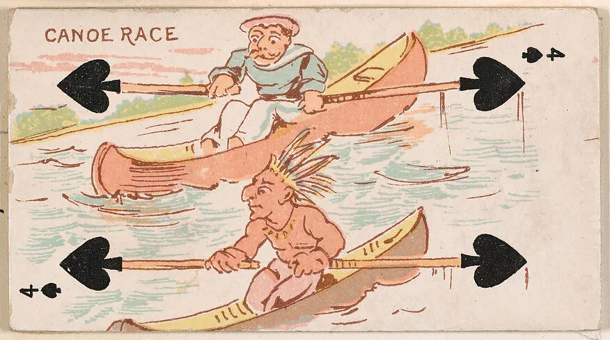 Four of Spades, Canoe Race, from Harlequin Cards, 2nd Series (N220) issued by Kinney Bros. — Kinney Brothers Tobacco Company