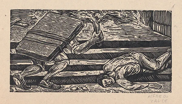 A figure carrying a load on his back whipping a fallen man, illustration for 'Hidalgo' — Alfredo Zalce
