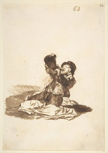 A man on the ground drinking from a wine skin; folio 63 from the Images of Spain Album 'F'