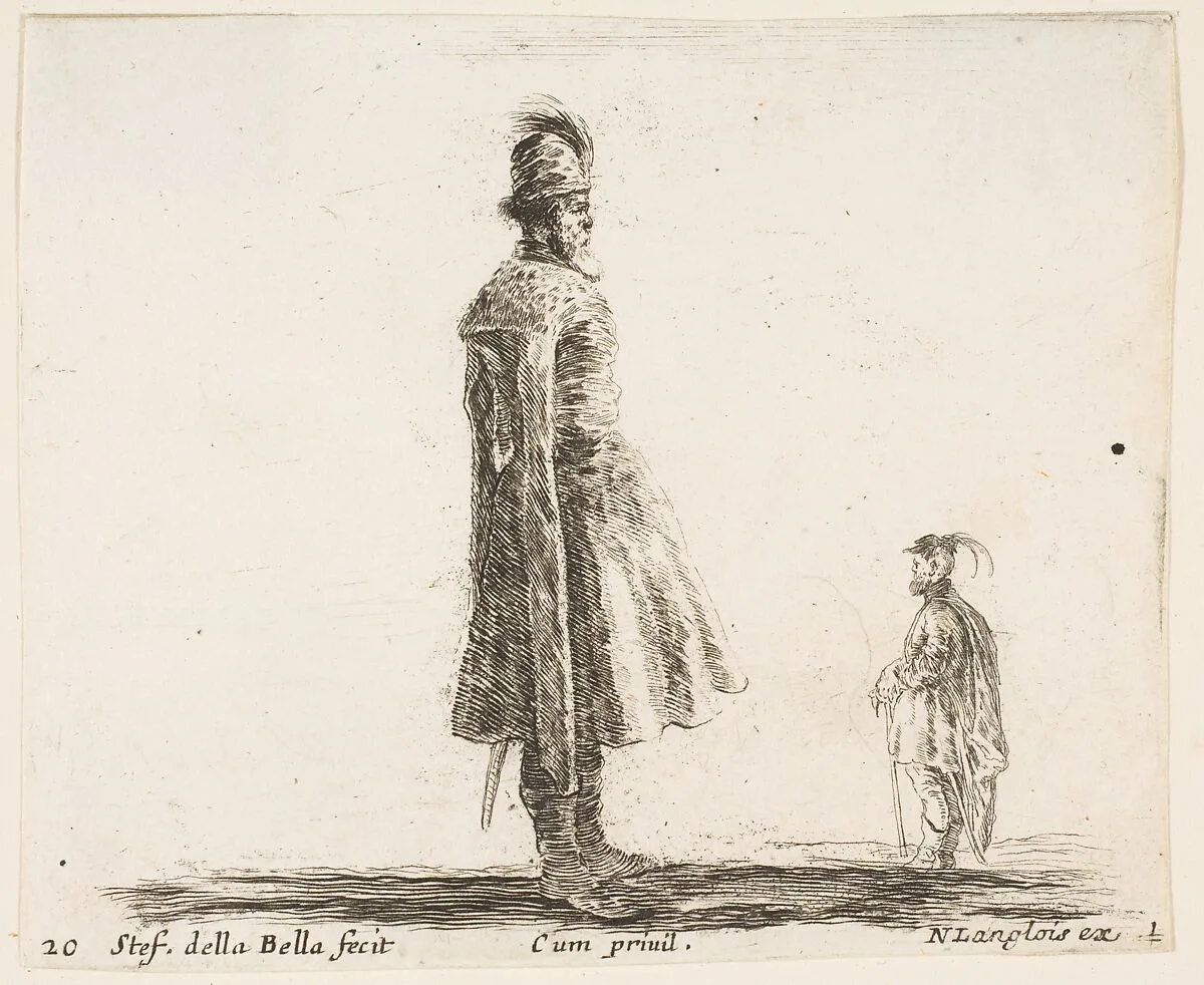 An old Polish nobleman wearing a plumed hat in center, standing in profile facing right, another Polish man to right in background, standing in profile facing left, plate 20 from "Diversi capricci" — Stefano della Bella|Nicolas Langlois