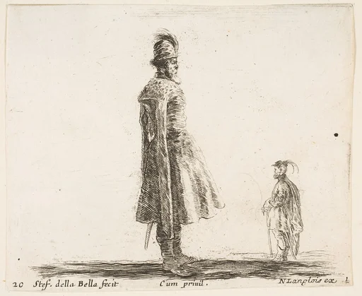 An old Polish nobleman wearing a plumed hat in center, standing in profile facing right, another Polish man to right in background, standing in profile facing left, plate 20 from "Diversi capricci"