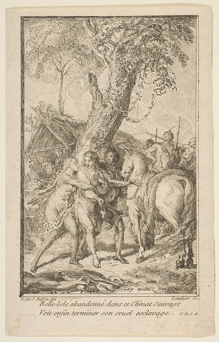 Fuite de M. de Belle-Isle, prisonnier chez les Attakapas — Gabriel de Saint-Aubin|Charles-Francois Letellier