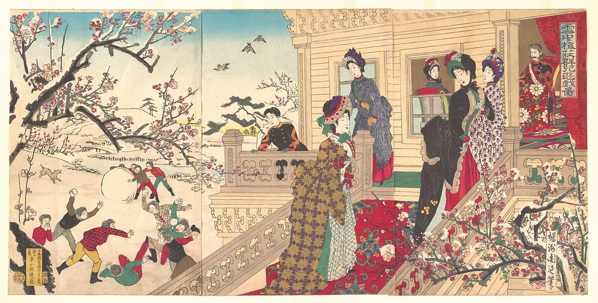 『雪中梅荘群児遊戯 図』|Children Playing in the Snow under Plum Trees in Bloom (Secchū baisō gunji yūgi zu) — Yōshū (Hashimoto) Chikanobu