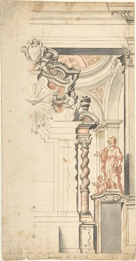 Design for One Half a Chapel with the Dove of the Holy Ghost above the Main Altar, and a Statue of an Evangelist at right.