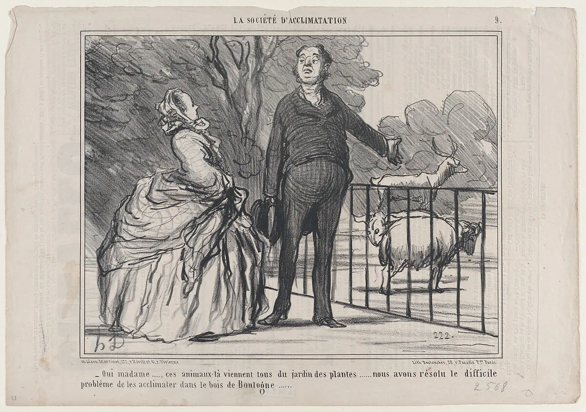Oui madame..., ces animaux-là viennent tous du jardin des plantes..., from La Société d'Acclimatation, published in Le Charivari, September 24, 1858 — Aaron Martinet|Honoré Daumier|Destouches