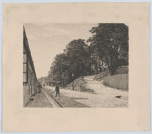 A street scene, with man sweeping at left and a wooded area at right — Adolph Larsen