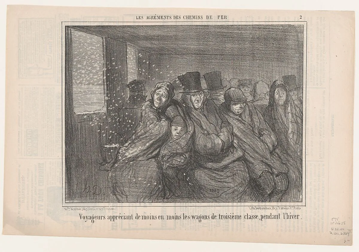 Voyageurs appréciant de moins en moins les..., from Les Agréments des Chemins de Fer, published in Le Charivari, December 25, 1856 — Aaron Martinet|Honoré Daumier|Destouches