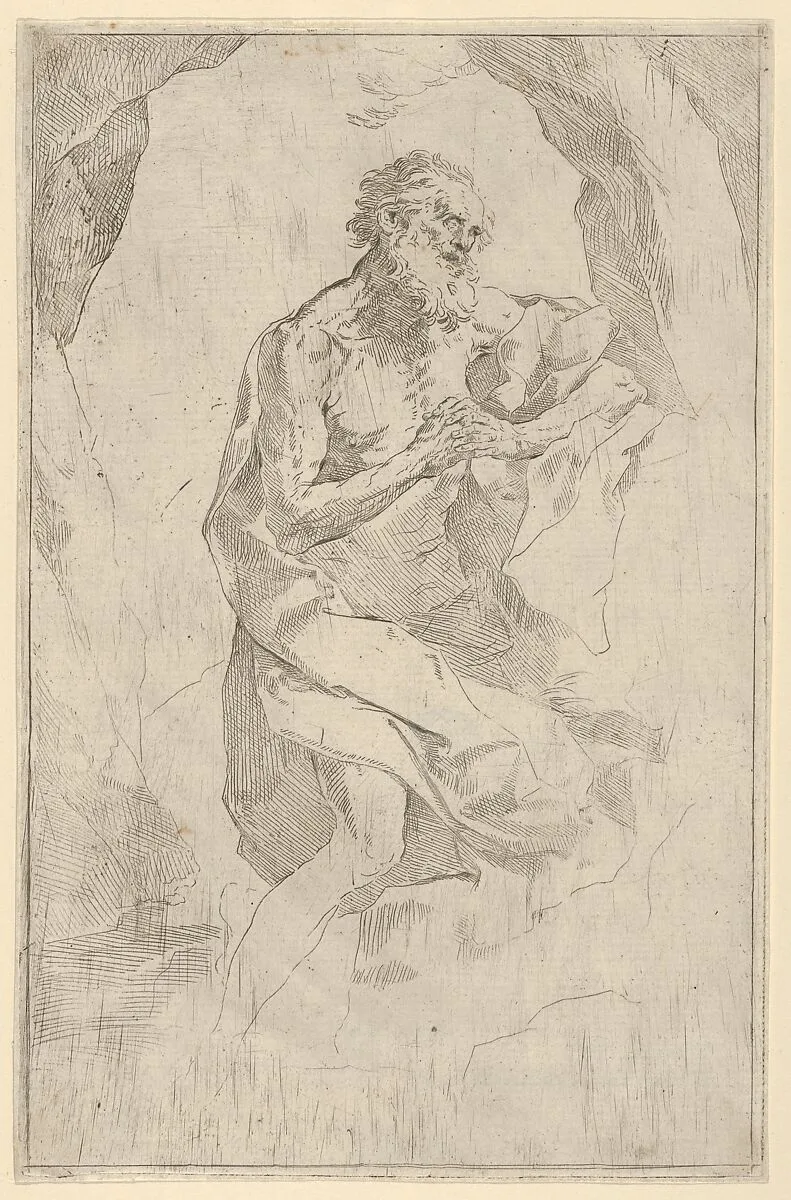 Saint Jerome kneeling on a rock facing right, after Reni — Guido Reni|Anonymous, 17th century