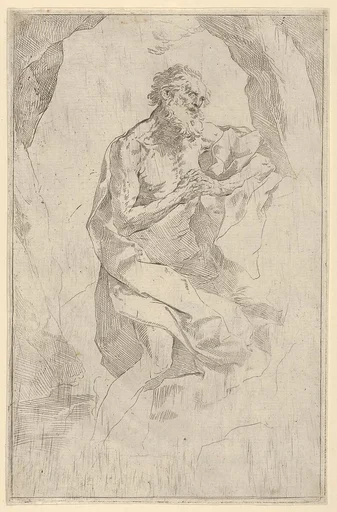 Saint Jerome kneeling on a rock facing right, after Reni