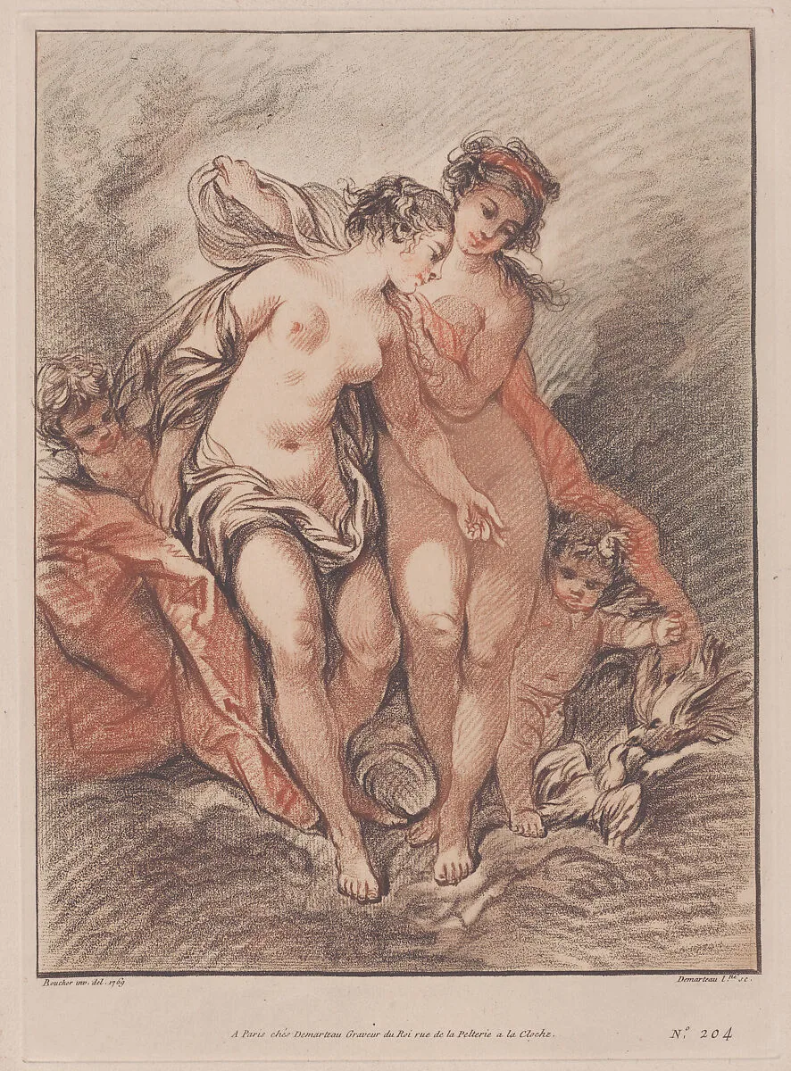 Reproduction of Deux Nymphes et deux Amours regardant des colombes (Two Nymphs and Loves watching two doves) — Gilles Demarteau|François Boucher