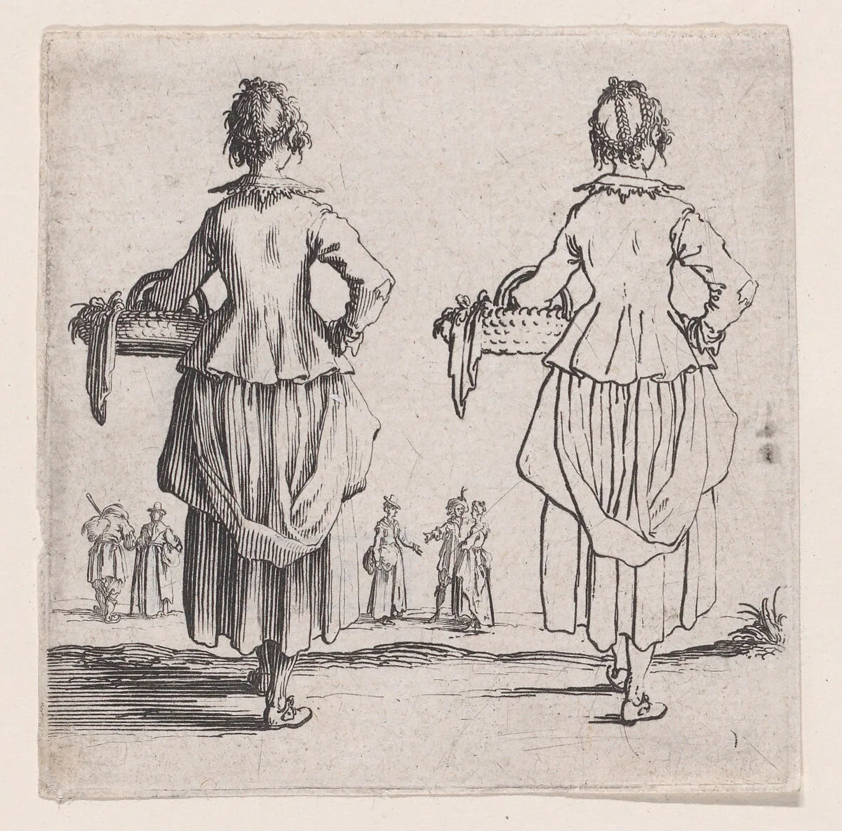 La Paysanne Viewed de Dos, Tenant un Panier a son Bras Gauche (The Peasant Woman Viewed from Behind, Holding a Basket in his Left Arm), from Varie Figure (Various Figures), plate 1 — Jacques Callot