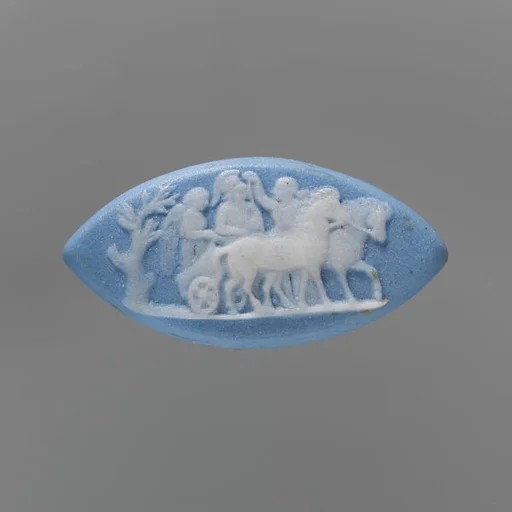 Helmeted and winged figures in two-horse chariot