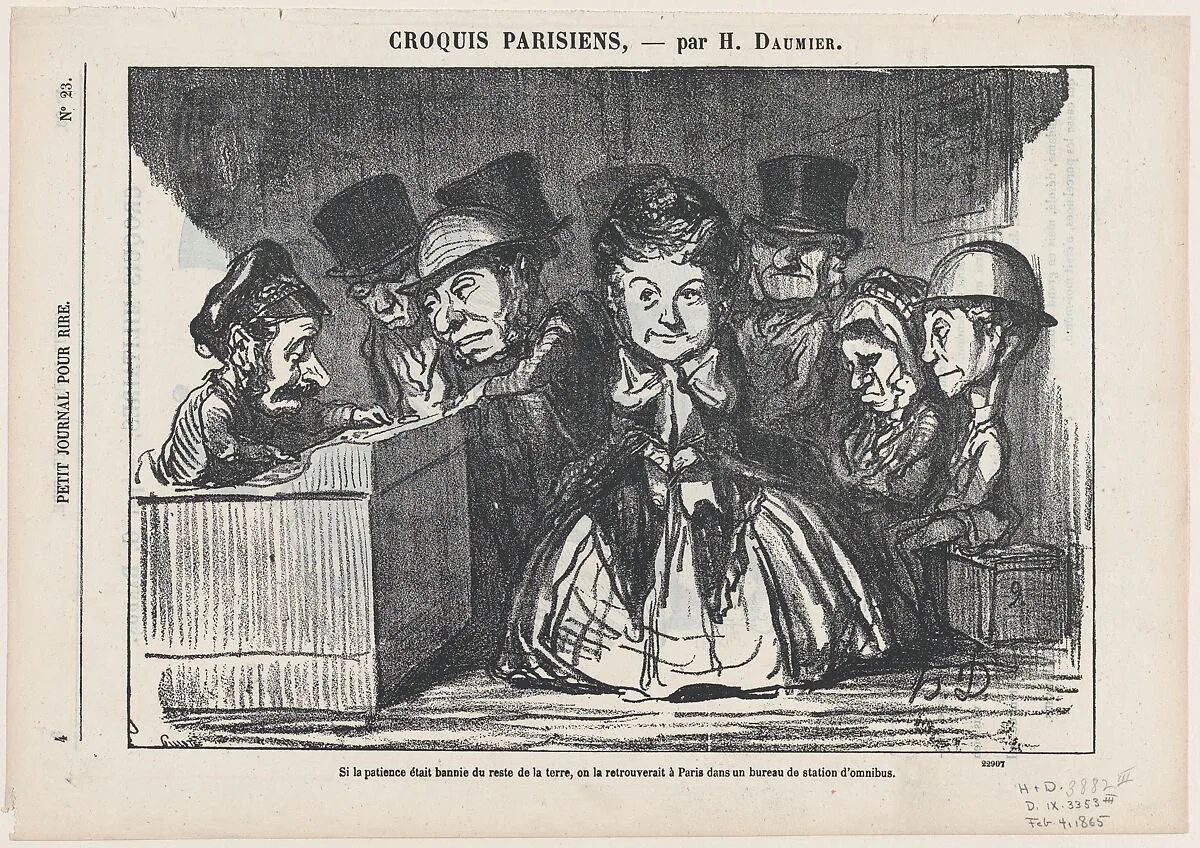 If patience had disappeared all over the world, one would surely find it again at a bus station in Paris, from 'Parisian sketches,' published in Le Petit Journal pour Rire, February 4, 1865 — Honoré Daumier