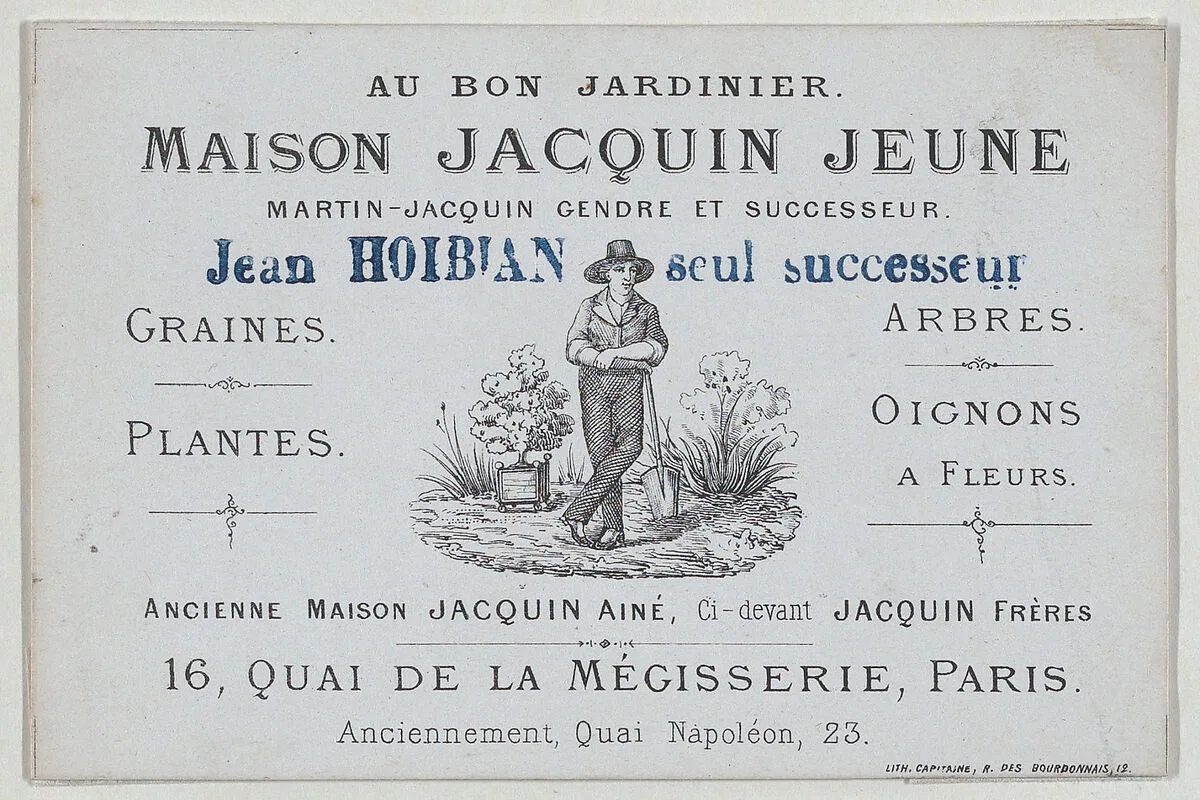 Trade card for Maison Jacquin Jeune, garden supplier, Paris — Maison Jacquin Jeune