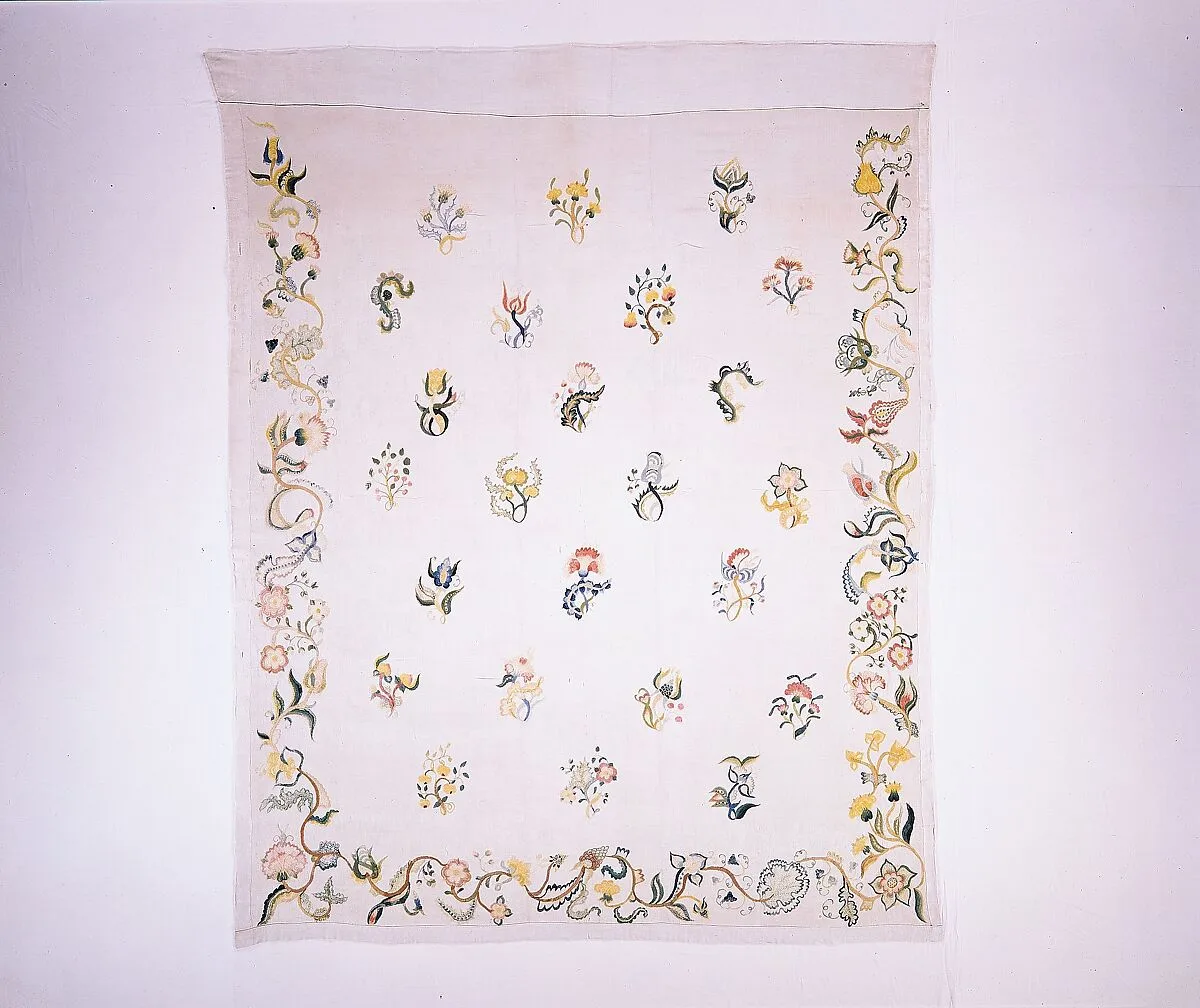 Enbroidered bed curtain — Sarah Noyes Chester