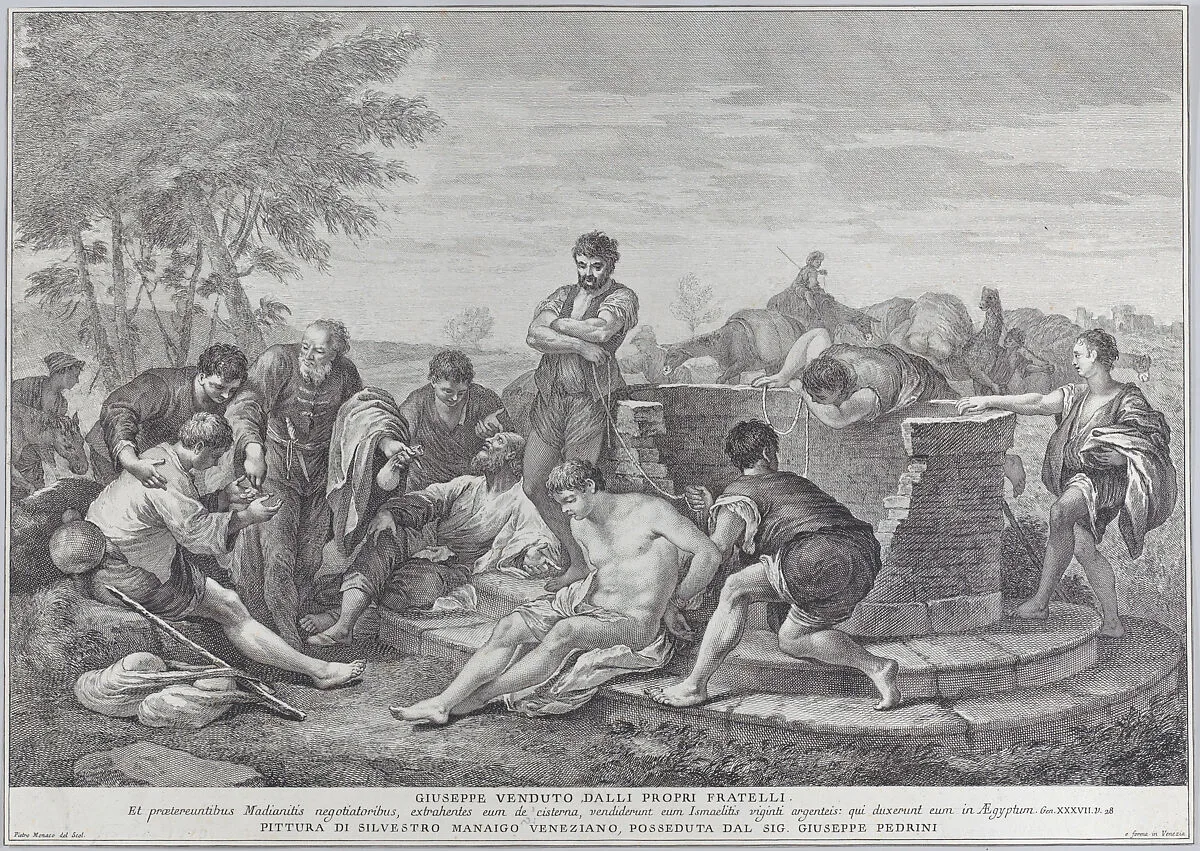 Joseph being sold into slavery by his brothers, who sit around a well dividing up the coins — Silvestro Manaigo|Pietro Monaco