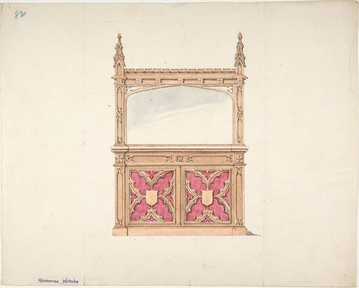 Design for Gothic Style Cabinet with Mirror — Anonymous, British, 19th century