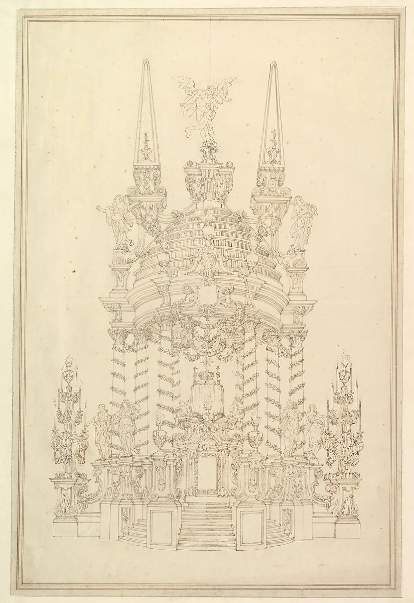 Elevation of a Catafalque: Wreathed Columns Supporting a Stepped Dome Surmounted by 2 Obelisks with Figure of Saturn between Them. — Giuseppe Galli Bibiena