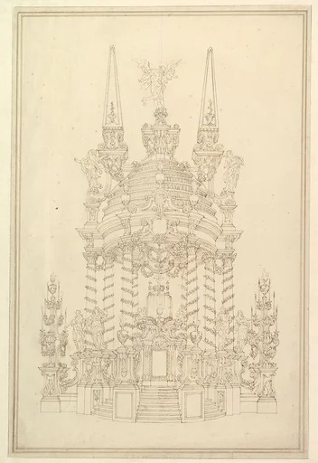 Elevation of a Catafalque: Wreathed Columns Supporting a Stepped Dome Surmounted by 2 Obelisks with Figure of Saturn between Them.