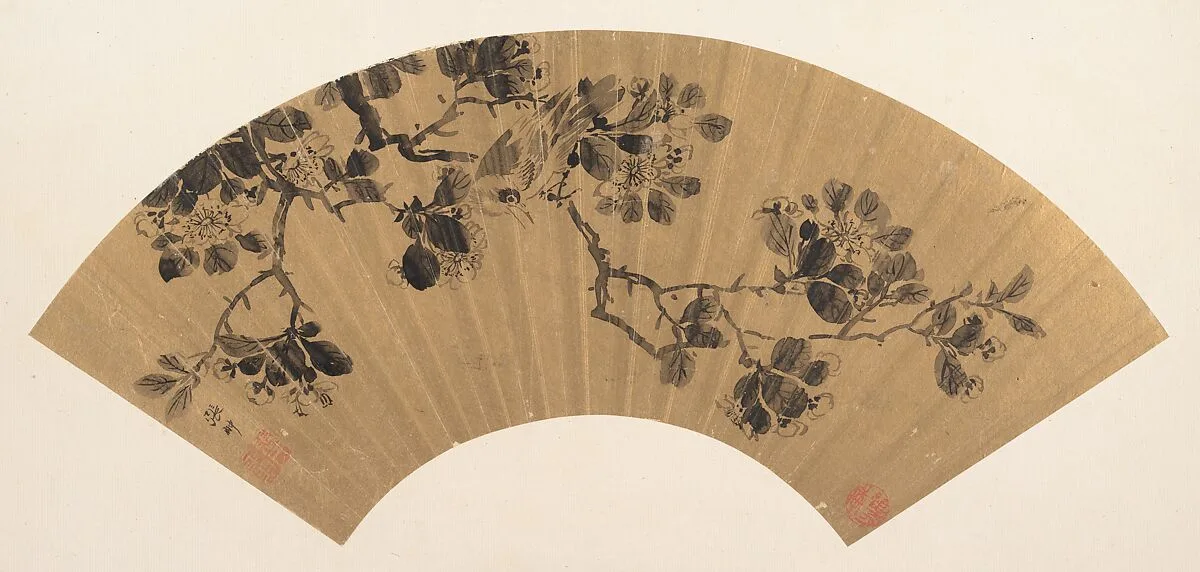 明 張翀 花鳥圖 扇面|Bird on a flowering branch — Zhang Chong
