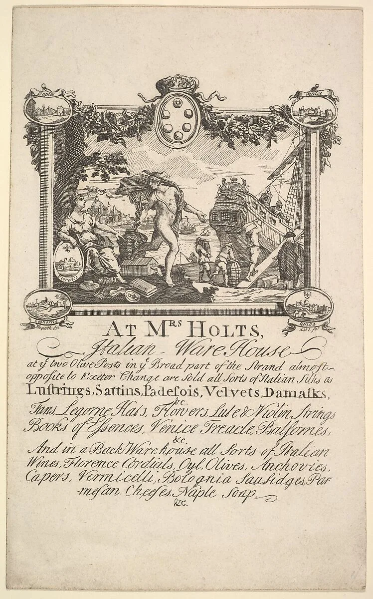 Shop Card for Mrs. Holt's Italian Warehouse — William Hogarth