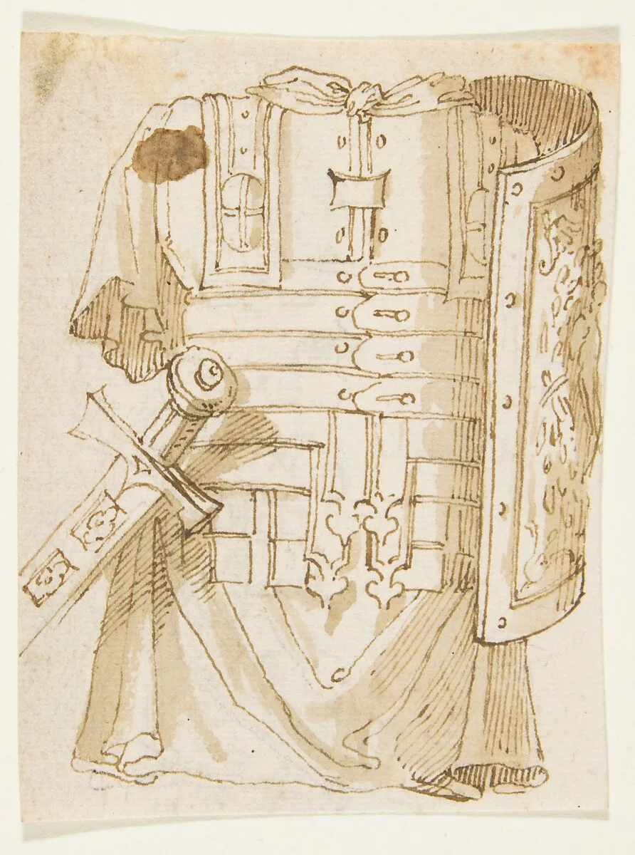 recto: Drawing after Antique Armor; verso: Drawing of an Architectural Fragment — Anonymous, French, 19th century