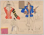 Drawing for theatrical costumes for a pirate, a captain, and ship crew, for 'Captain of Treasure Ship'