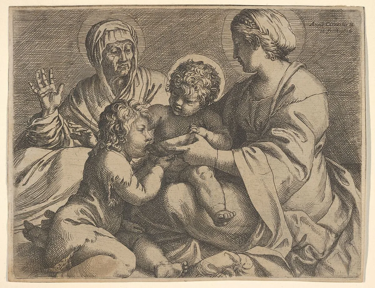 Madonna and Child with Saints Elizabeth and John the Baptist (Madonna della Scodella), the seated Mary and the infant Christ hold a cup from which the young Baptist drinks, Elizabeth lifts both hands — Annibale Carracci